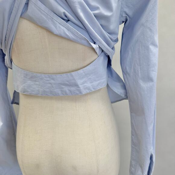 Tome Light Blue Poplin Button-Up Long Sleeve Blouse Open Back Size 2 - Picture 7 of 14